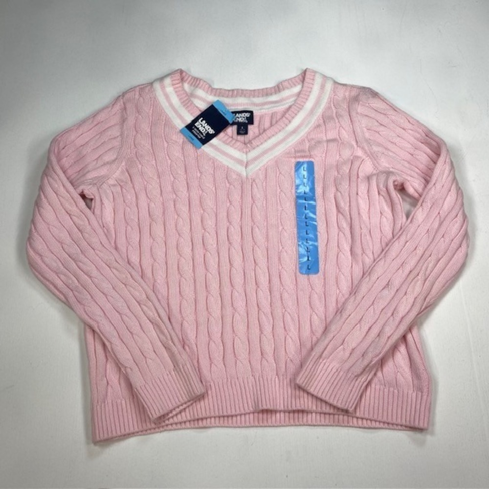 Lands End Pink V-Neck Cable Knit Sweater Striped Trim NWT Large 12-14